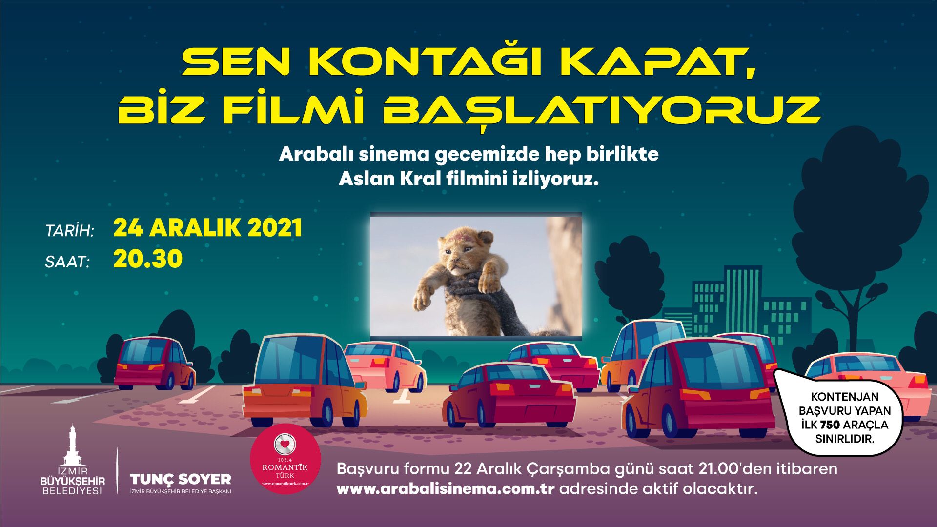 İzmir Büyükşehir Belediyesi, 24 Aralık’ta “arabalı sinema” etkinliği düzenliyor. Aynı