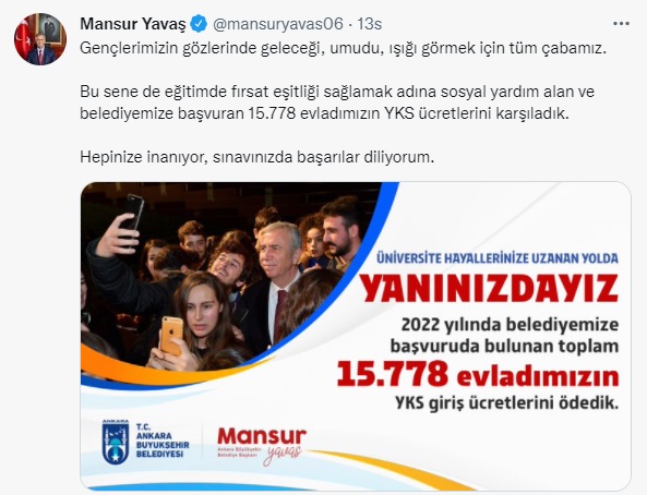 Ankara Büyükşehir Belediyesi, Yükseköğretim Kurumları Sınavı’na (YKS) girecek olan öğrencilerin