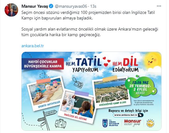  Ankara Büyükşehir Belediyesi, Başkentli çocukların yaz tatilini hem eğlenerek hem