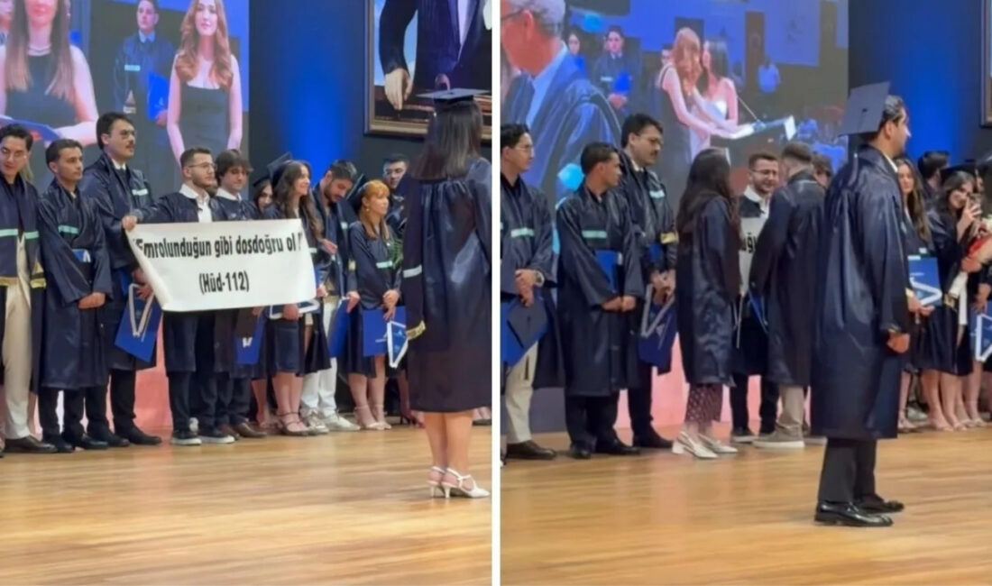 Yeditepe Üniversitesi Hukuk Fakültesi mezuniyet töreninde açılan, üzerinde Kur'an-ı Kerim'den