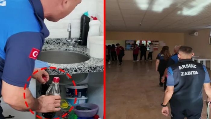 Okul kantininde pes dedirten görüntü: Gıda ve deterjan aynı dolapta! Hatay’ın Arsuz ilçesinde okul kantinlerine yönelik gerçekleştirilen denetimlerde, gıda ürünleriyle
